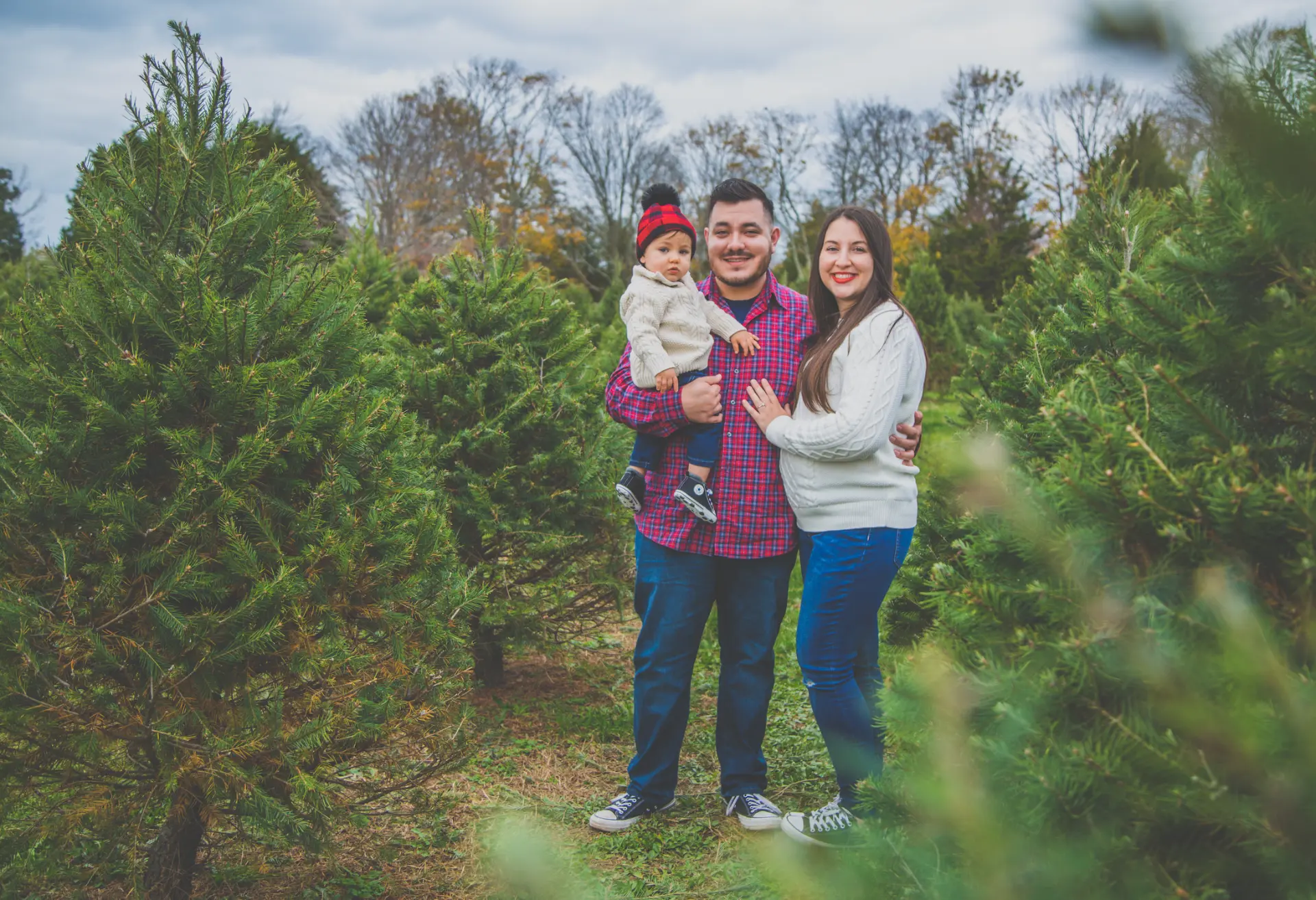 Parents holding their baby between rows of Christmas trees